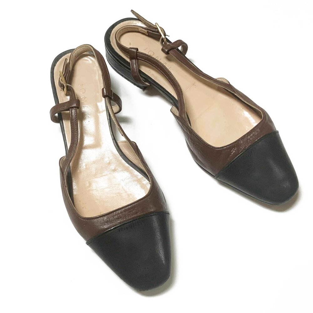 JONAK Paris Black & Brown Leather Cap Toe Open Back Flats